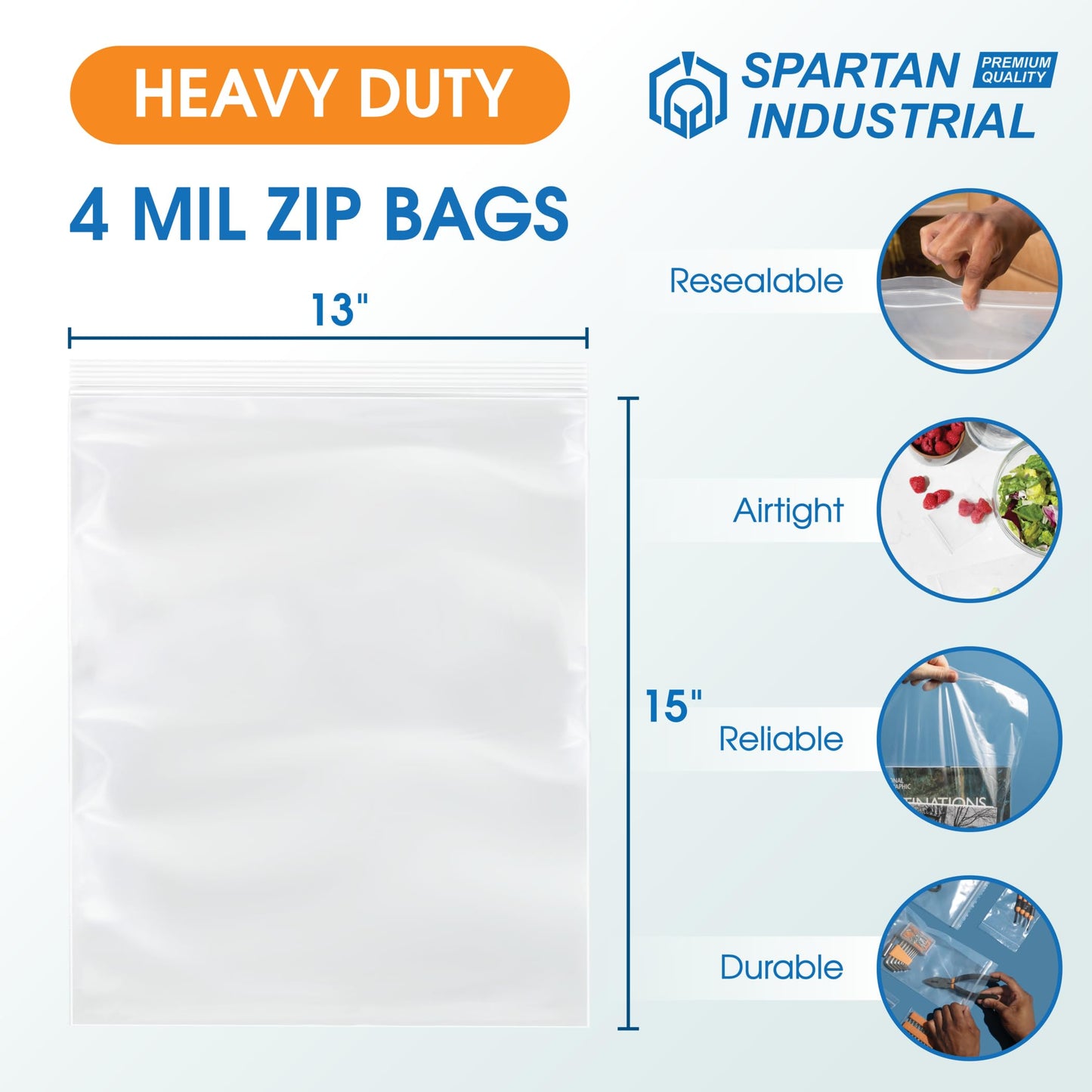 Spartan Industrial - 13” X 15” (250 Count) 4 Mil Thick Clear Reclosable Zip Plastic Poly Bags with Resealable Lock Seal Zipper - Heavy Duty and Durable