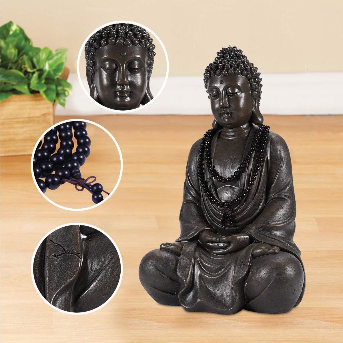 Goodeco Meditating Buddha Statue Figurine Sculpture - Indoor or Outdoor Zen Decor for Home/Garden with Natural Wood Beaded Necklace,Polyresin,Antique Bronze Look (11.4 inch)