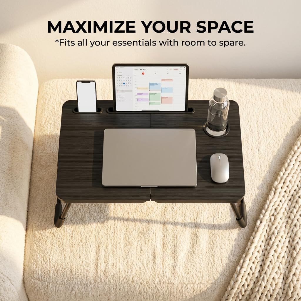 Portable Foldable Laptop Desk for Bed and Couch, Adjustable Lap Desk with Cup Holder and Phone Holder, Ideal for Working, Reading, Writing, and Breakfast -NEW-006