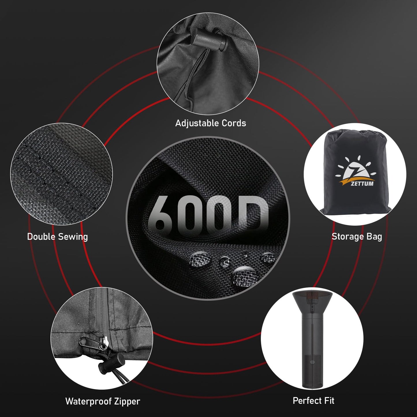 Zettum Patio Heater Covers - 600D Outdoor Heater Cover with Zipper Waterproof Heavy Duty, Propane Heat Cover for East Oak, Hampton Bay and Fire Sense (89" Height x 33" Dome x 19" Base)