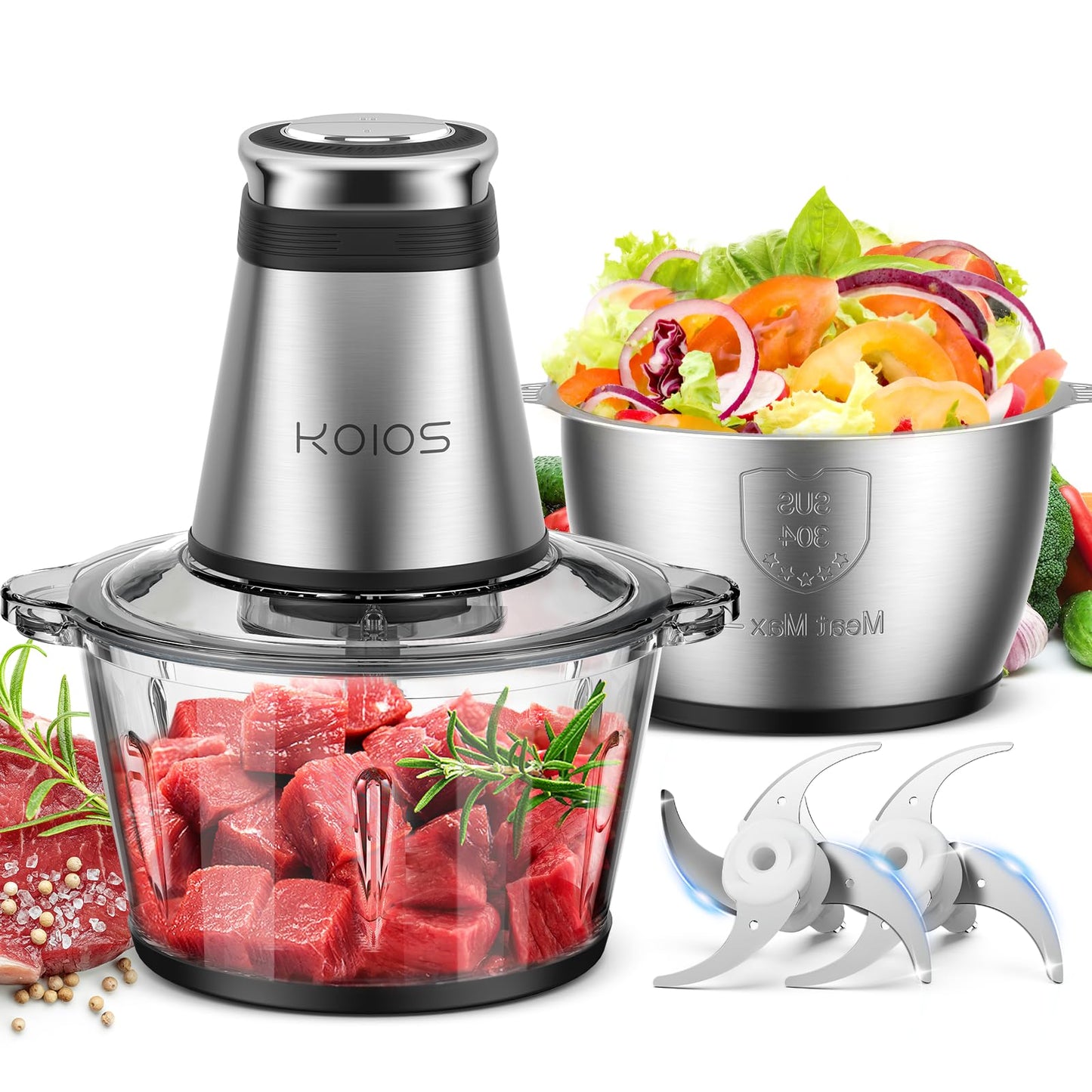 Koios Food Processor Electric Chopper 500W with 2 Bowls (8 Cups + 8 Cups) and 2 Double-Tier Knives, Small Electric Chopper for Nuts, Meat, Onions, Garlic, Food