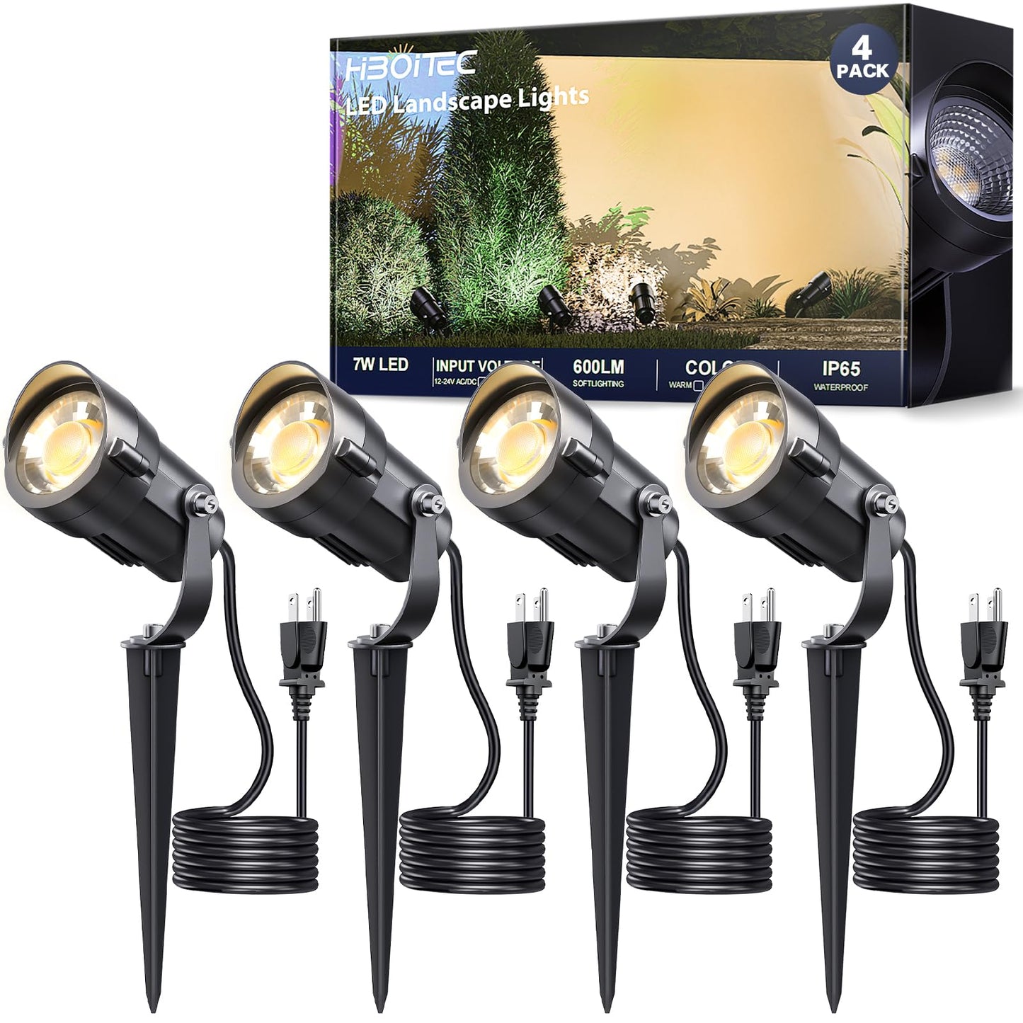 HIBOITEC 7W Low Voltage Landscape Lighting with Plug 2700K Warm White LED Outdoor Spot Lights 270° Adjustable Garden Spotlight IP65 Waterproof Landscape Spotligh for Yard Tree Wall Pathway 4Pack