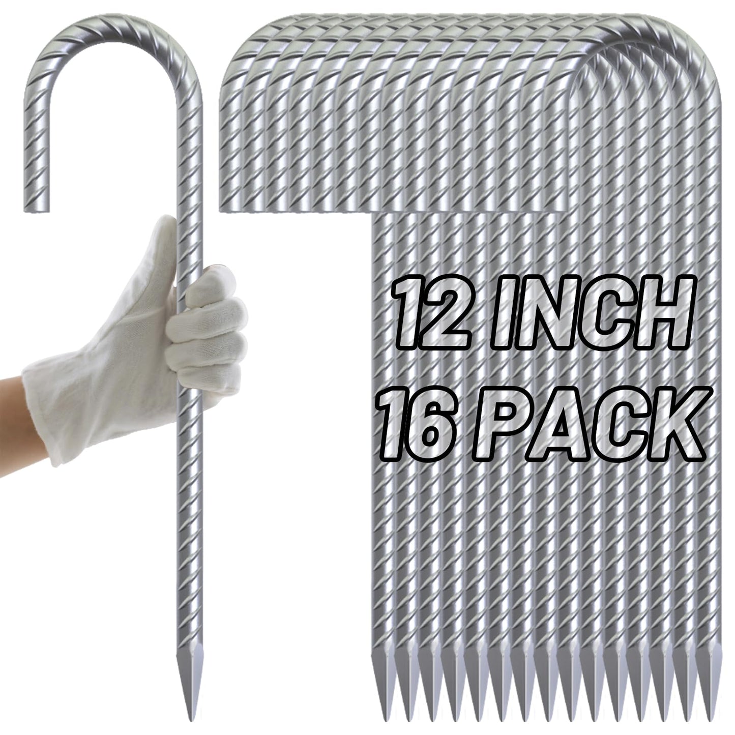 AAGUT 16 Pack Galvanized Steel Rebar Stakes Dig Defence Fence Stakes 12 inch, Heavy Duty J Hook Tent Stakes Canopy Garden Stakes for Hard Firm Soil