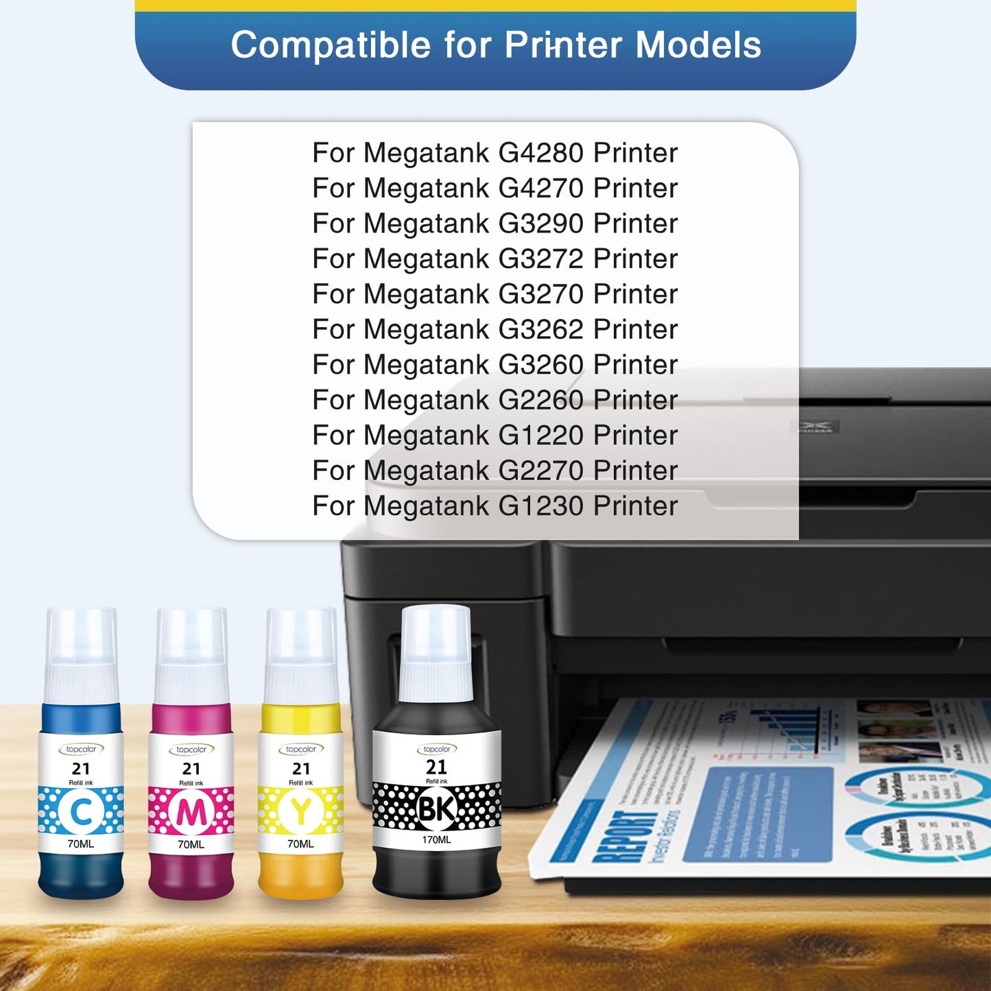 Topcolor g21 Compatible GI-21 Ink Bottles Replacement for Canon GI-21 GI21 Ink Refills Kit, Compatible for Canon Pixma G3270 G3260 G2260 G1220 MegaTank(Supertank) Printer Ink (BK 170ml, CMY 70ml)
