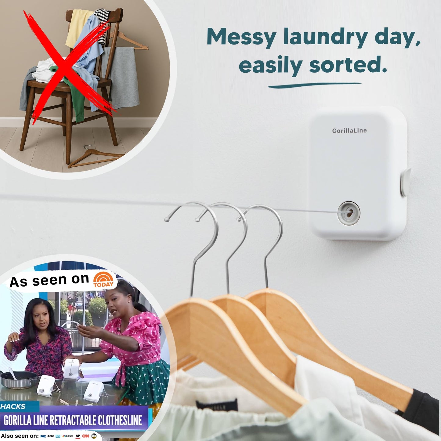 GorillaLine - Retractable Clothesline Indoor Outdoor Clothes Line - Heavy Duty Clothes Drying Laundry Line - Wall Mounted Drying Rack - Air Dry Clothing