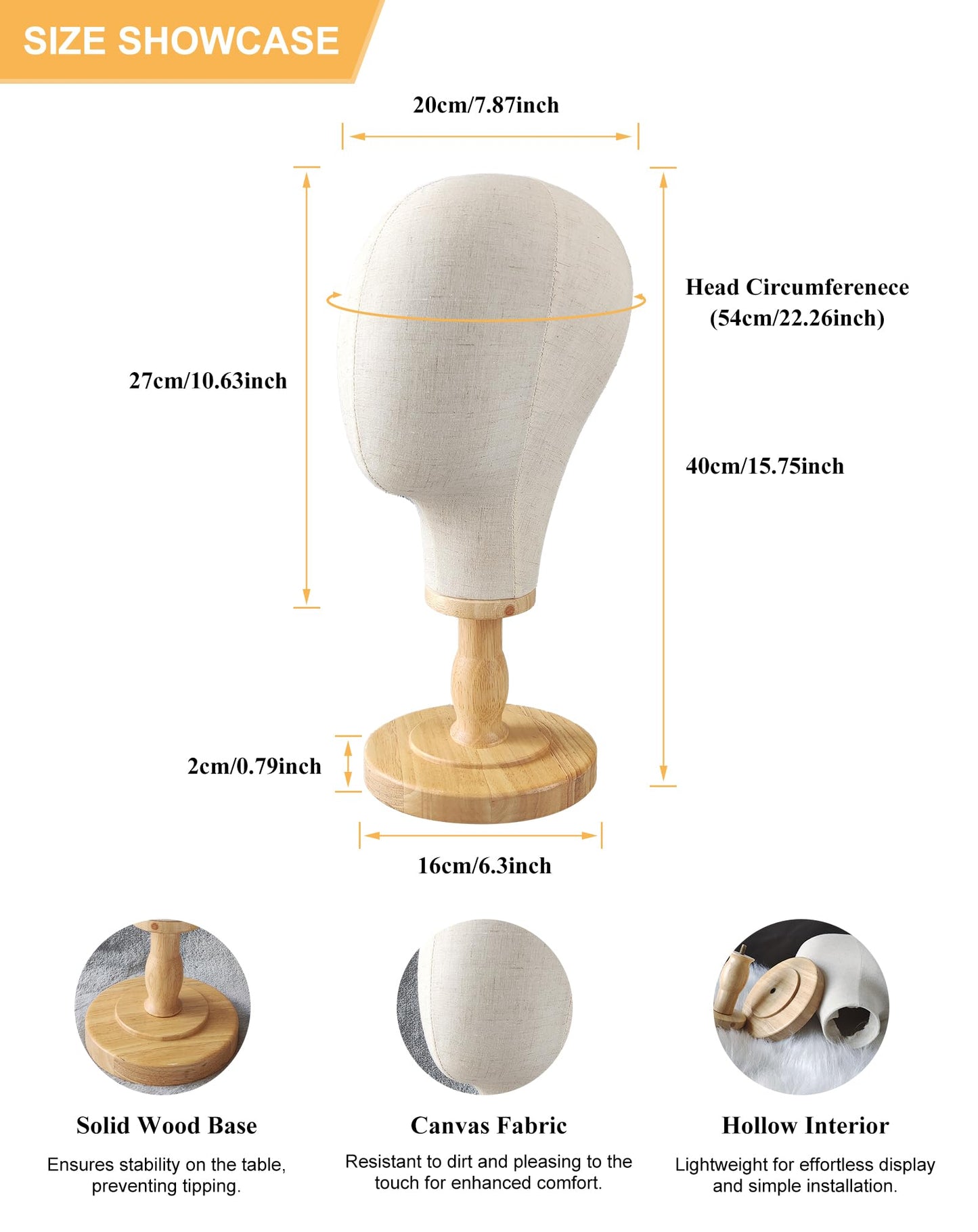 CHADWICK 21" Wig Head Stand, Mannequin Head Dome Canvas + Detachable Wood Stand, Hats Caps Display Canvas Block Mannequin Head Model
