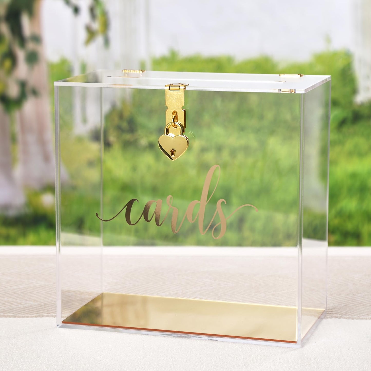 UNIQOOO Clear Acrylic Card Box w/Lock, Thick Wedding Box w/Slot Gold Foil Print, Large 10x10x5.5 in, for Reception Decoration Fundraiser Money Box Election Ballot Graduation Keepsake Party Favor