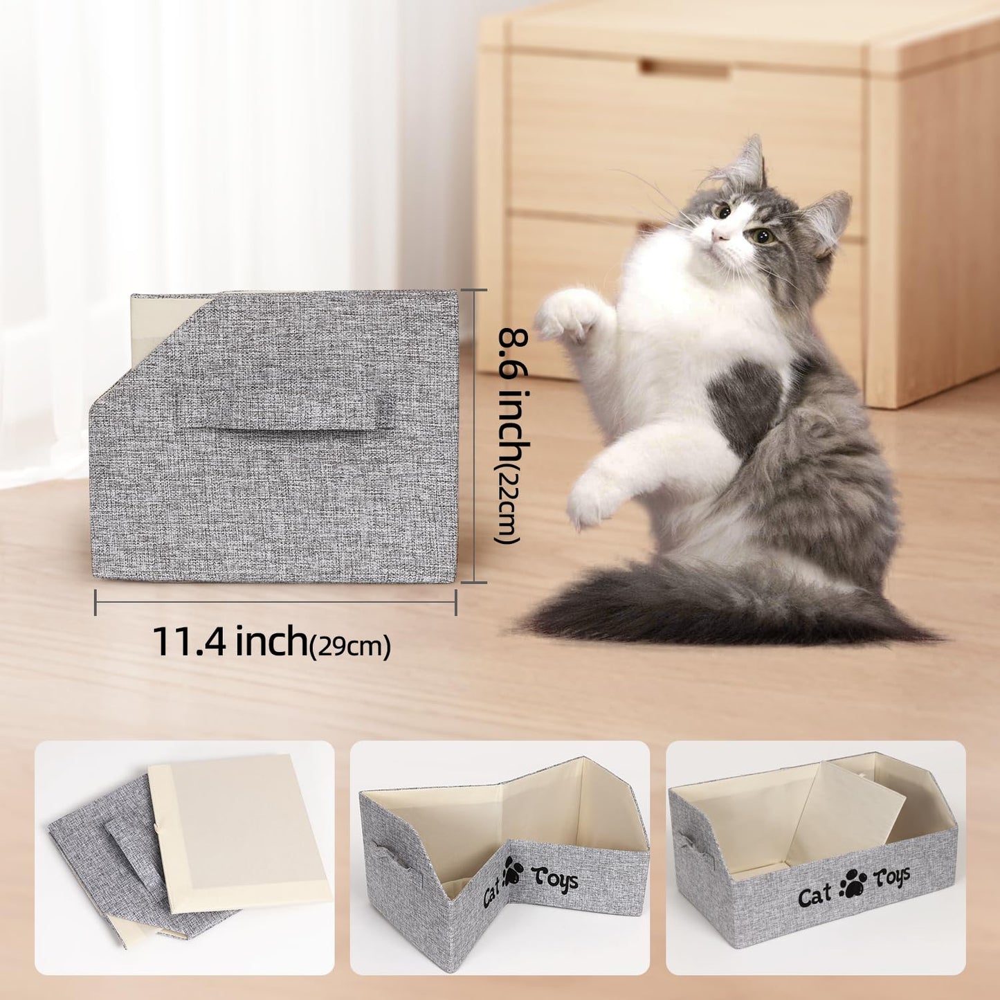 BinWhiz 19.7 in Cat Toy Bin, Cat Toy Storage Box Kitten Toy Basket Collapsible Pet Supplies Storage Chest Holder Organizer with Handles for Organizing Dogs Cats Toys Clothes Accessories, Gray
