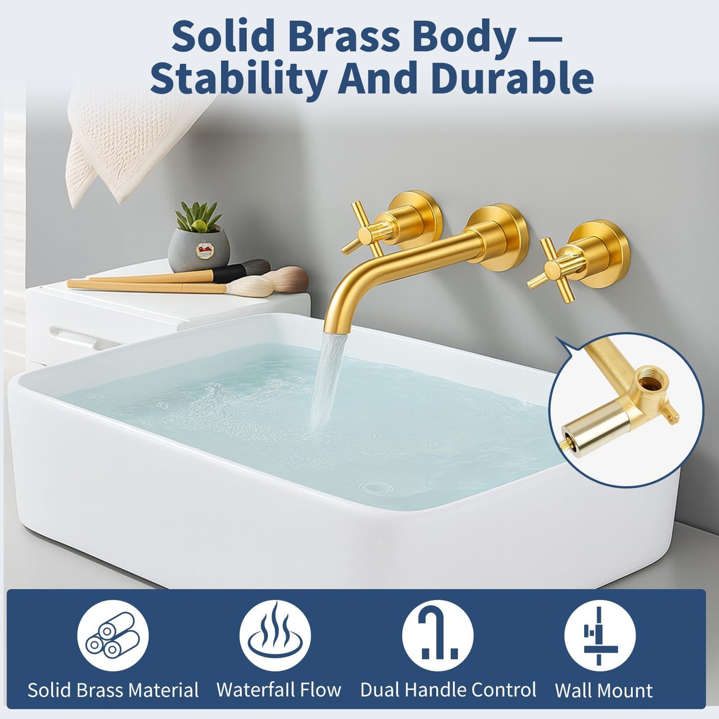 Noliven Brushed Gold Wall Mount Faucet, Brushed Brass Bathroom Sink Faucet, 2 Cross Handle Wall Mount Vessel Sink Faucet for Vanity Lavatory Sink, Wall Mounted, Rough-in Brass Valve Included