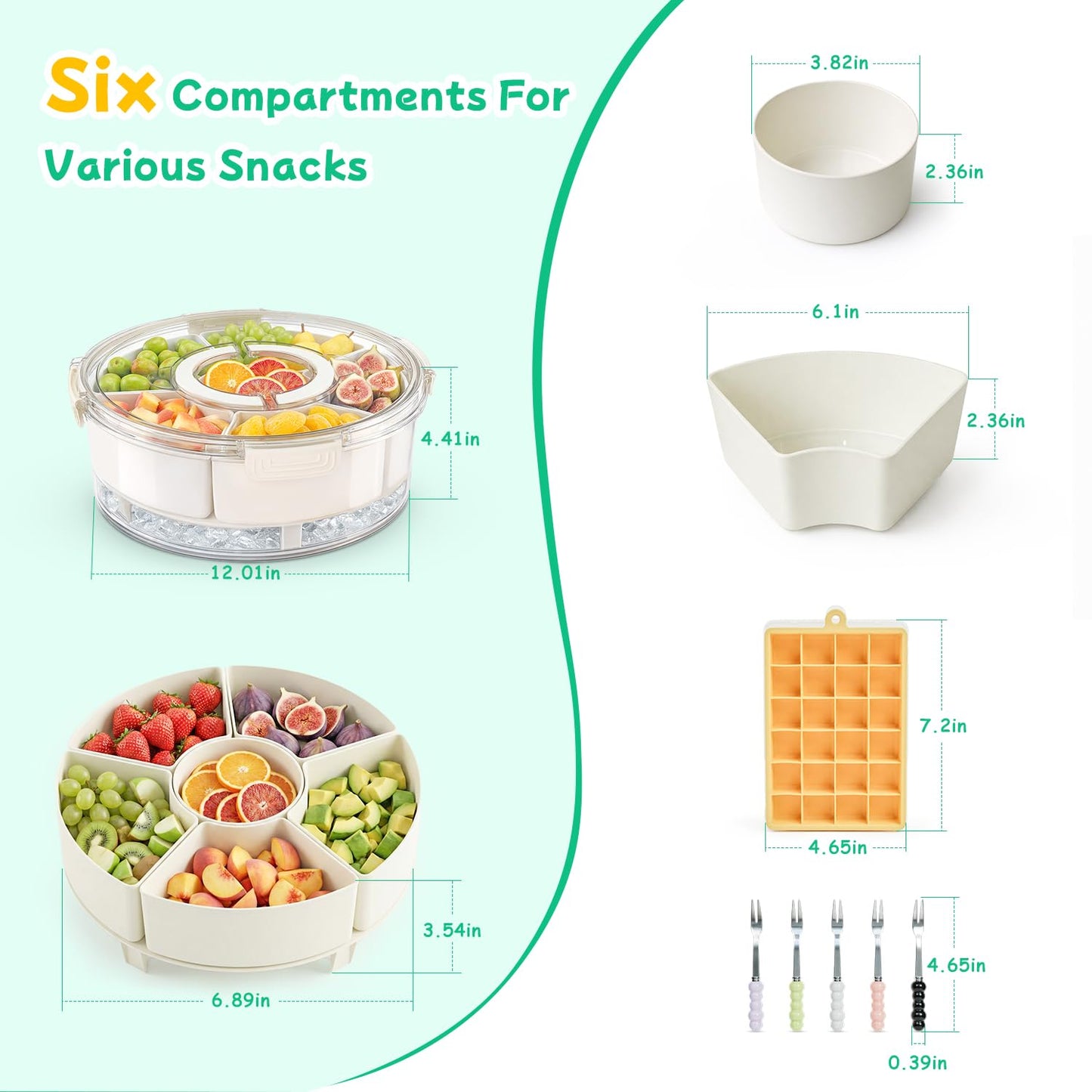 Divided Serving Tray with Lid and Handle, Rounded Snackle Box with 6 Compartments and Chill Base for Fruits, Candy, Veggie, Travel Snack Container with Portable Insulated Bag & Ice Cube Tray & 5 Forks