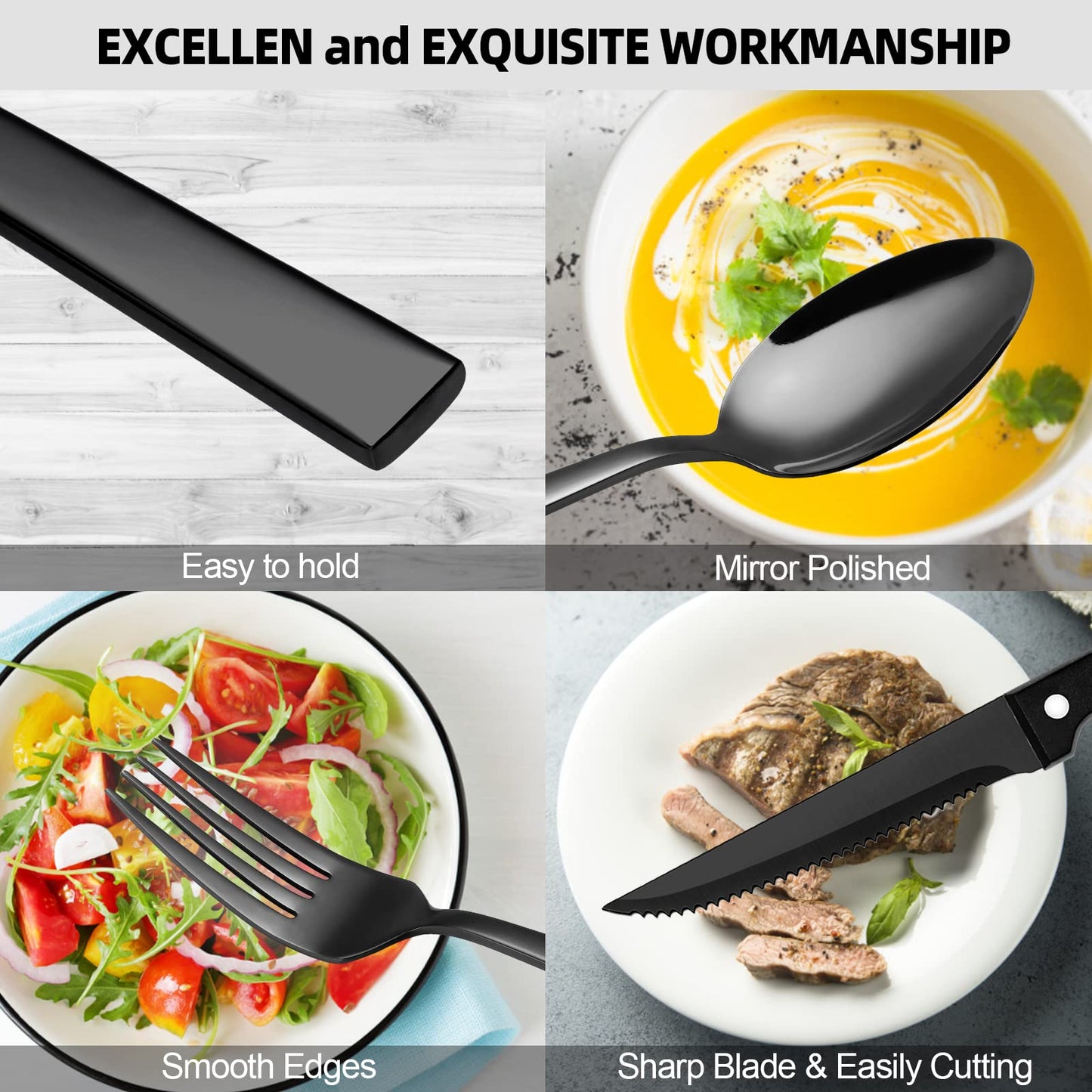 24-Piece Stainless Steel Black Silverware Set - CEKEE Flatware Kitchen Utensils Cutlery Set for Home & Restaurant, Premium Knife Fork Spoon with Steak Knives, Heavy Duty & Dishwasher Safe
