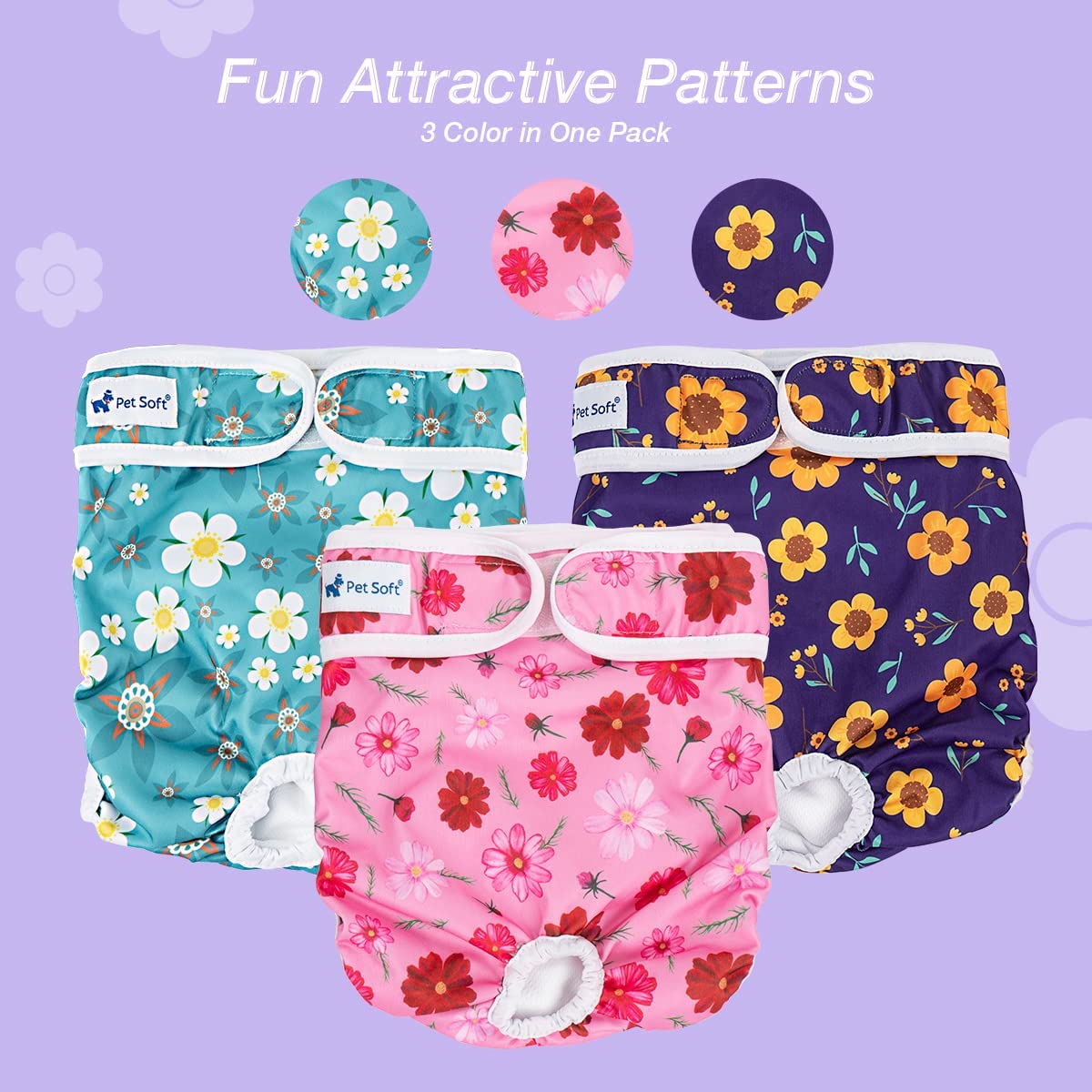 Pet Soft Washable Female Diapers (3 Pack) – Female Dog Diapers, Comfort Reusable Doggy Diapers for Girl Dog in Period Heat (Cute Flower, L)