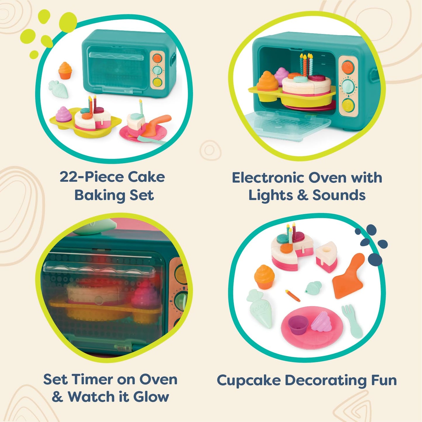 B. toys – Play Oven Set – 22 Pieces Cake Baking Playset – Pretend Cupcake Decorating – Lights & Sounds – 3+ Years– Mini Chef – Bake – a – Cake Playset