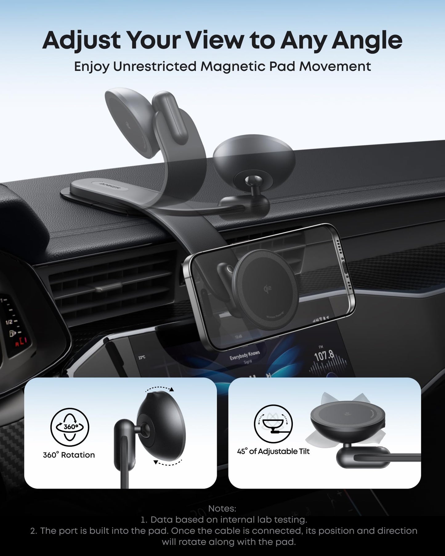 Anker MagGo Wireless Car Charger (Pad), 15W Qi2 Certified Fast Charging Car Adapter with Alloy B Strong Hold, 360° Adjustable View, Only for iPhone 16/15/14/13 Series and More