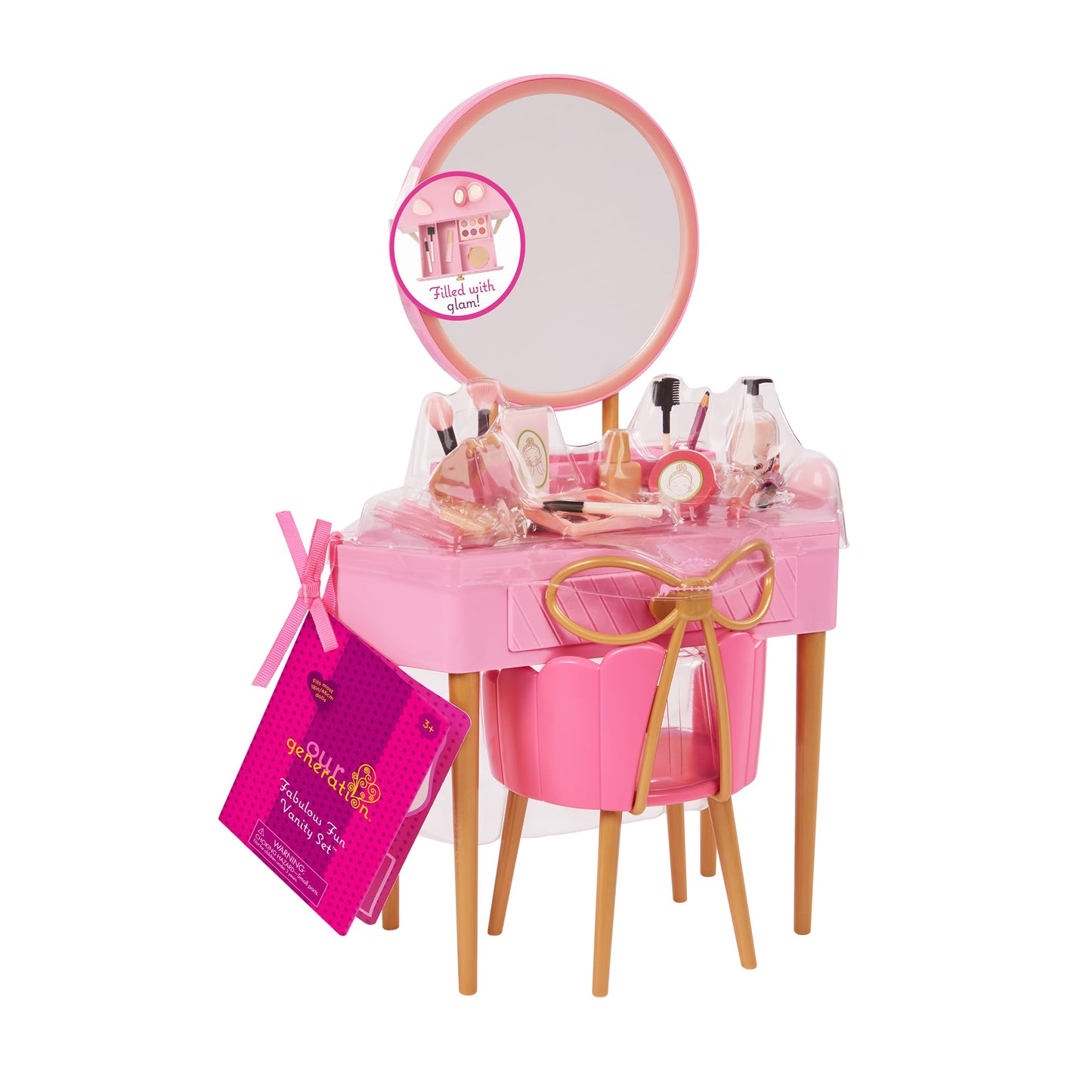 Our Generation – 18-Inch Doll Accessories – Pink Vanity Table & Chair Set – Pretend Make – up & Mirror – Pretend Play 3+ Years – Fabulous Fun Vanity Set