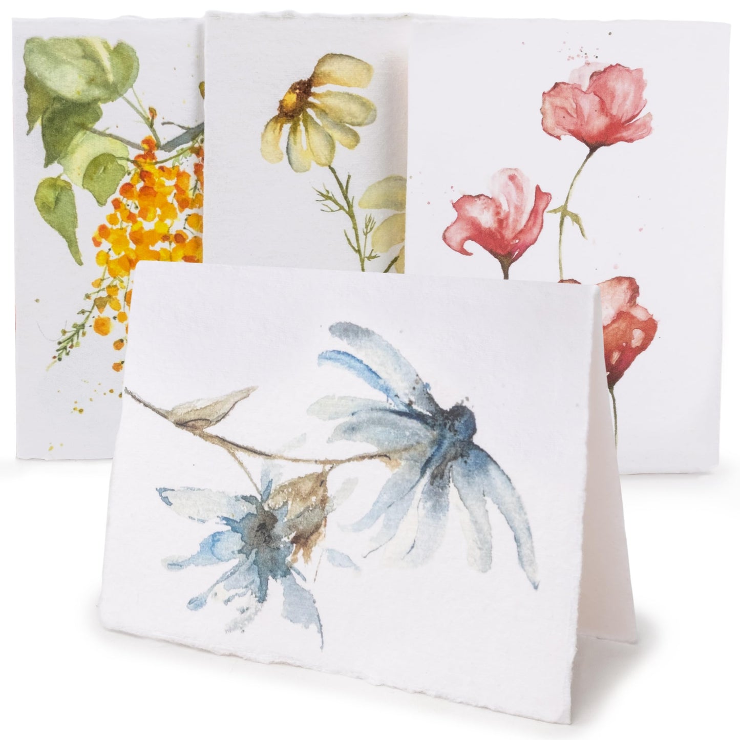 Wanderings Handmade Deckle Edge Blank Greeting Cards & Envelopes with Flower Art - Thick 300 GSM paper– 20 Cards (5 Each of 4 Varieties) for Invitations, Thank You, Get Well and Birthday Cards –5x7"