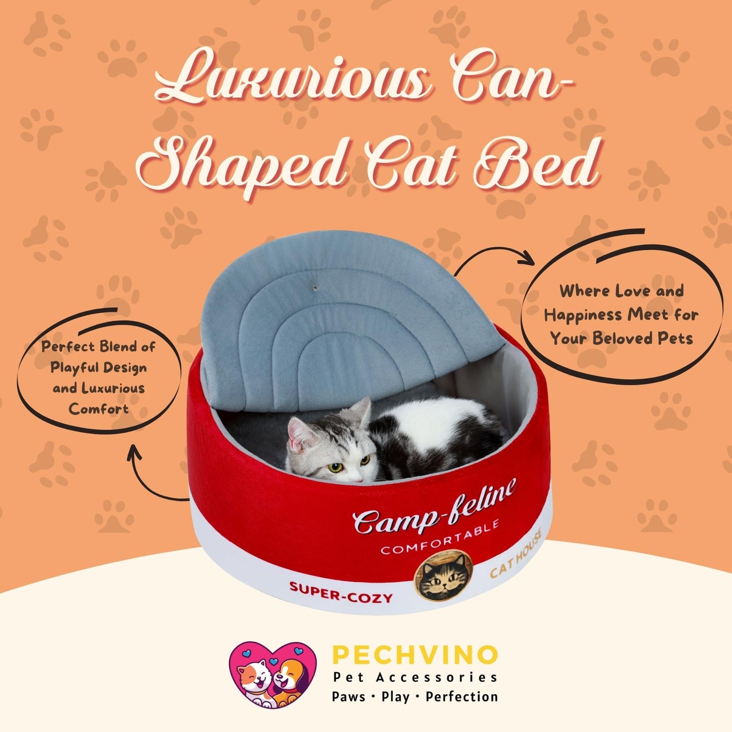 PECHVINO Can-Shaped Cat Bed – Ramen Bowl With Cover | Cute Enclosed Design With Ultra-Soft Cushion, Private & Cozy for Cats & Small Dogs