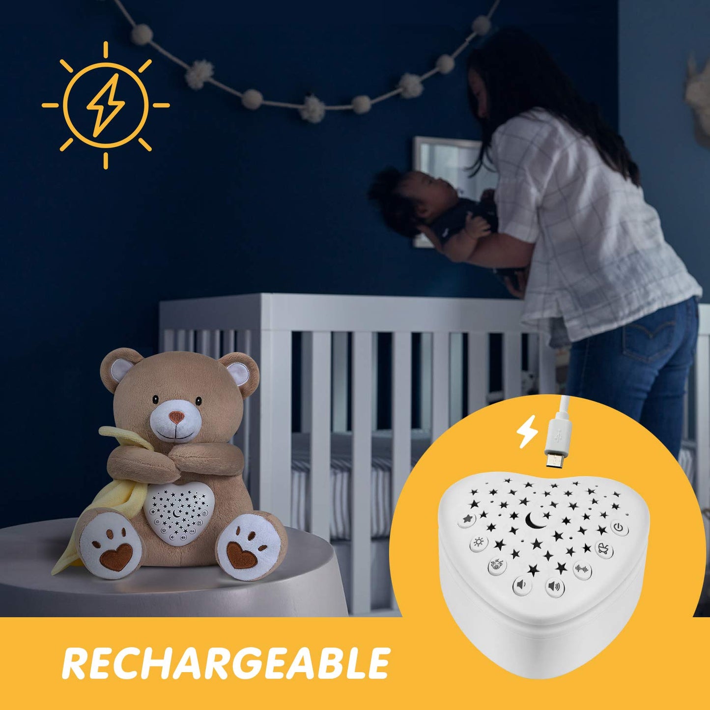 BEREST Rechargeable Sleep Soother Heartbeat Dreamy Bear, Baby Cry Sensor Lullabies & White Noise Machine, Nursery Decor Night Light Projector, Toddler Crib Sleeping Aid Baby Shower Gifts Teddy