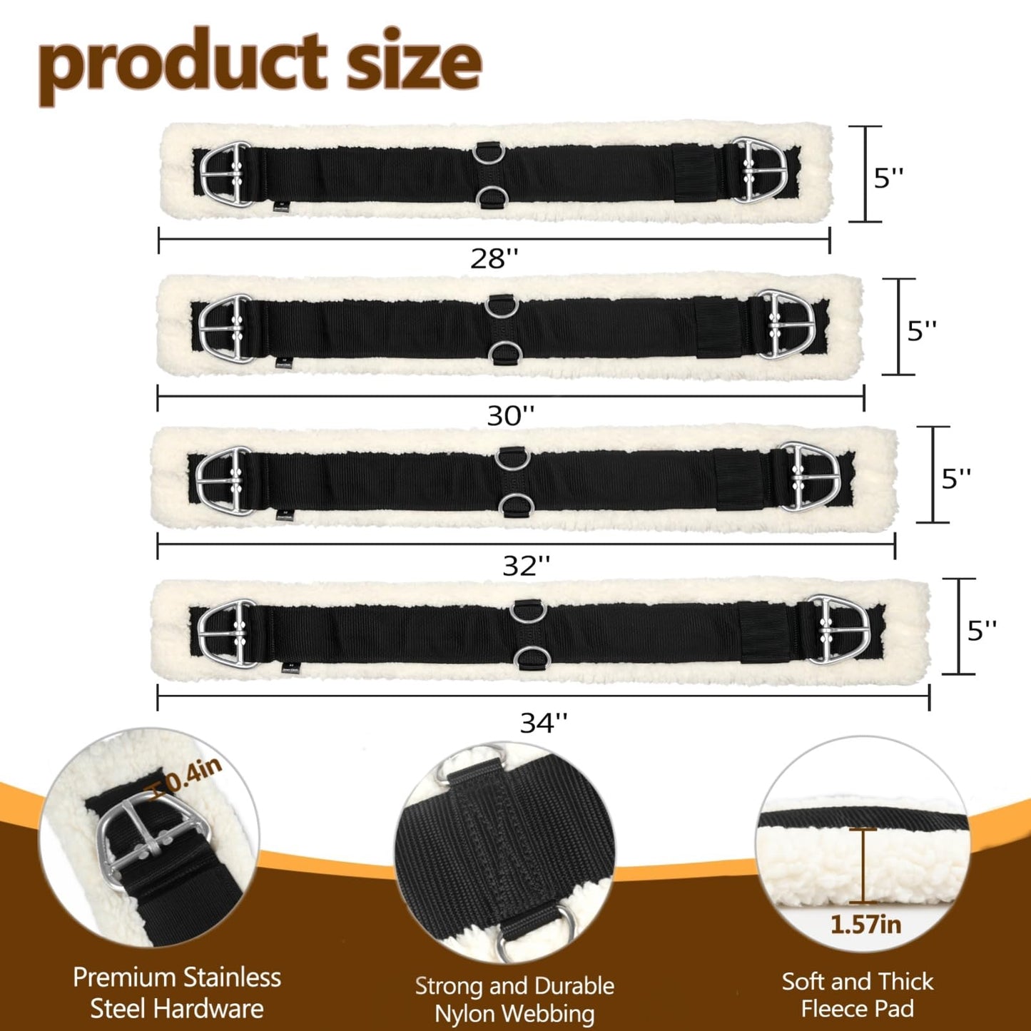 32 Inch Horse Girth, Saddle Strap with Stainless Steel Buckle, Soft Wool with Non-Slip Nylon Webbing, Designed for English Saddles, Easy to Install