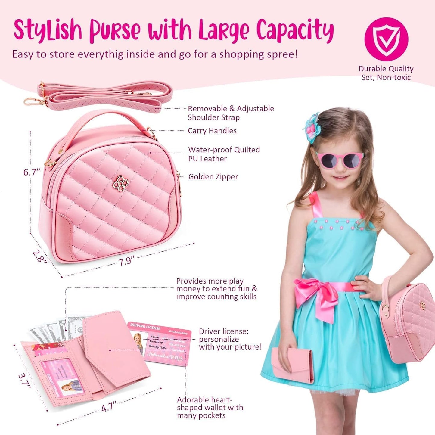 Hohosunlar Play Purse for Little Girls Toddlers, Kids Handbag w/ Pretend Makeup, DIY Unicorn Water Bottle, Toy Phone, Watch, Wallet Cards Stickers, Princess Christmas Birthday Gift Toy for Girls 3-12