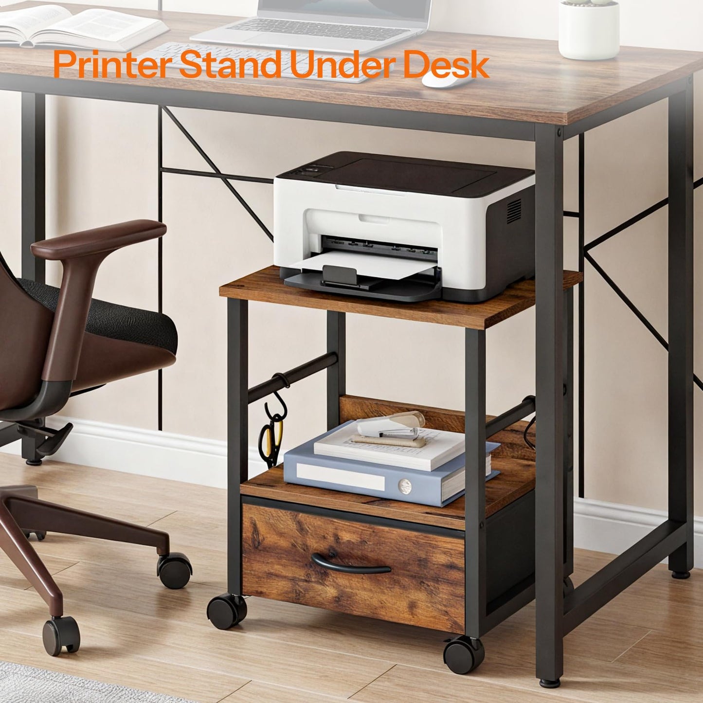 HOOBRO 2-Tier Printer Stand with Drawer, Under Desk Printer Table, Printer Cart with Storage, with Casters/Adjustable Feet, for Home Office, Study, Living Room, Rustic Brown and Black, BF20PS01