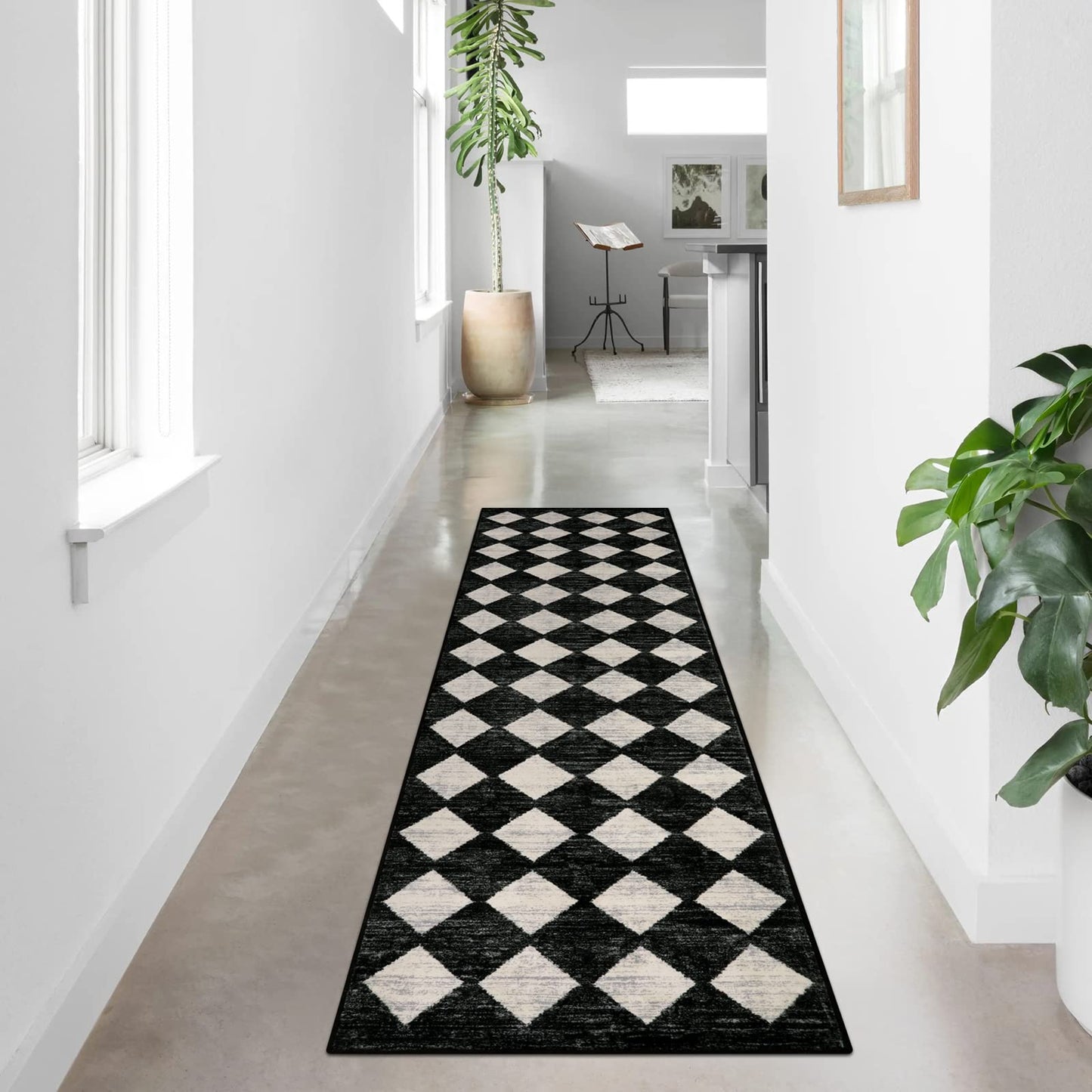 Lahome Checkered 2x8 Black Hallway Kitchen Bathroom Runner Rug with Rubber Backing, Washable Non Skid Moroccan Trellis Entry Carpet Runner Indoor Mat for Camper Entryway Bedroom Hardwood Floor