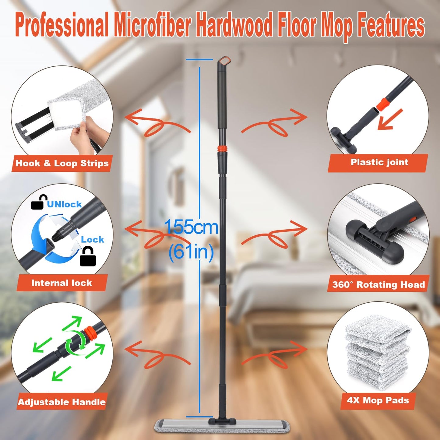 18 Inch Flat Mop Cleaning System Microfiber with 4 Reusable Pads – Wet Dry Floor Cleaner for Hardwood, Laminate, Tile, Silver