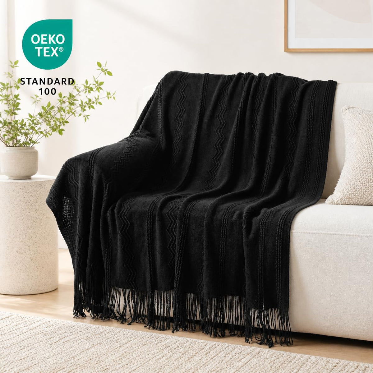 BATTILO HOME Black Throw Blanket Geometric Pattern Decorative Indoor Outdoor Lightweight Throws for Sofa Couch Chair Home Decor 50"x60"