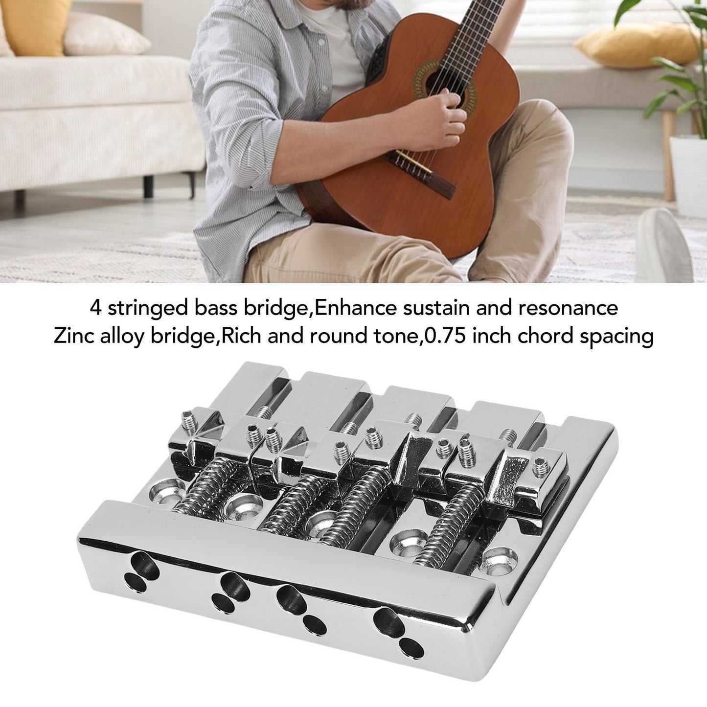 4 String Bass Bridge, High Mass Zinc Alloy Electric Bass Guitar Bridge with 19mm String Spacing for Universal Fit Enhanced Sustain