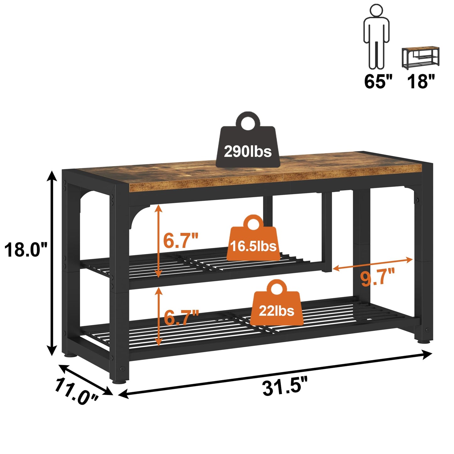 HOMEFORT Shoe Bench,31.5 Inches Shoe Storage Bench for Entryway,3 Tiers Shoe Rack Bench for Front Door Entrance, Industrial Entry Bench with Mesh Shelves and Boot Storage, Rustic Brown