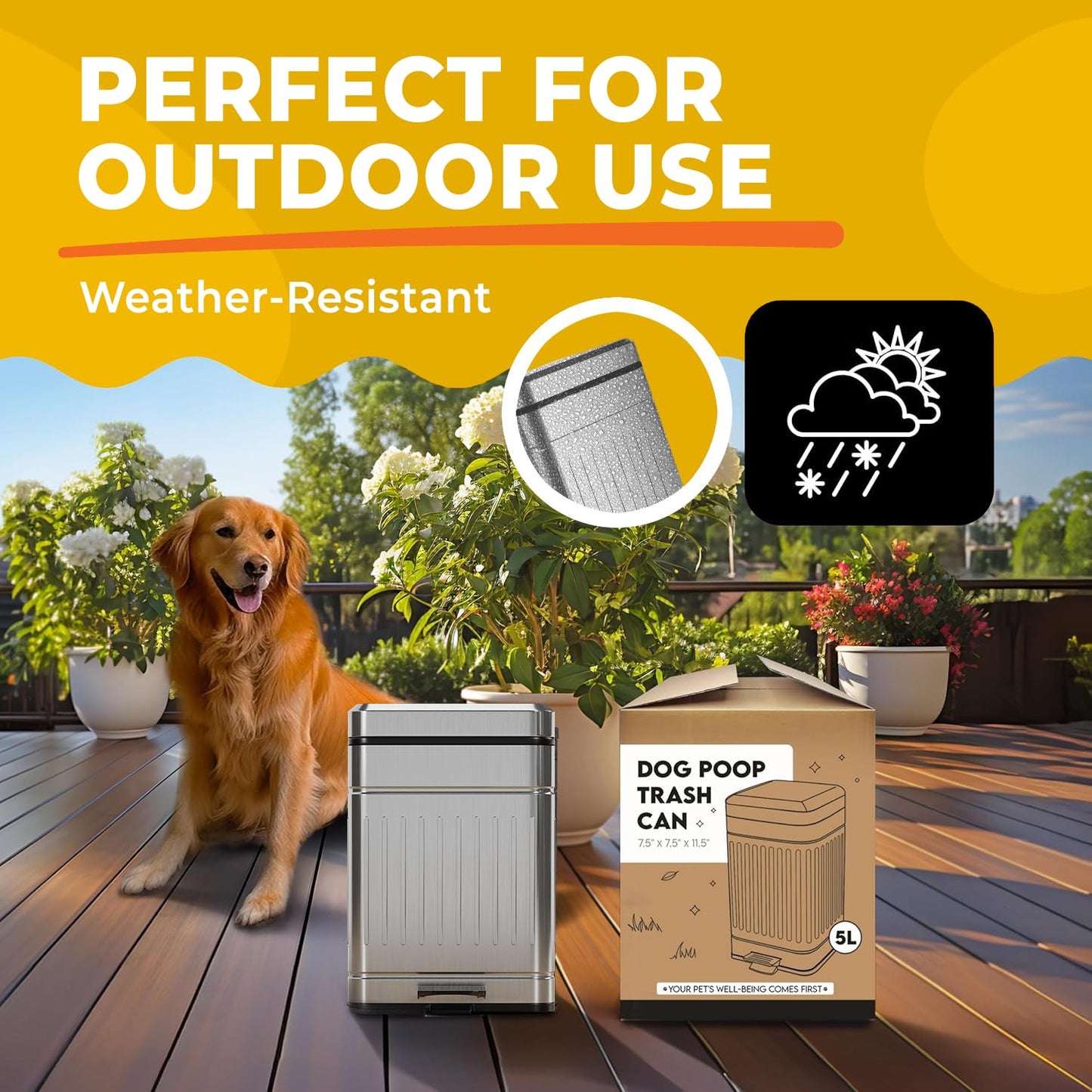 AnimoGoods Stainless Steel Dog Waste Bin, 1.3 Gal, Outdoor, Odor Control, Hands-Free, Soft-Close Lid, Compact, 4.92L, Steel
