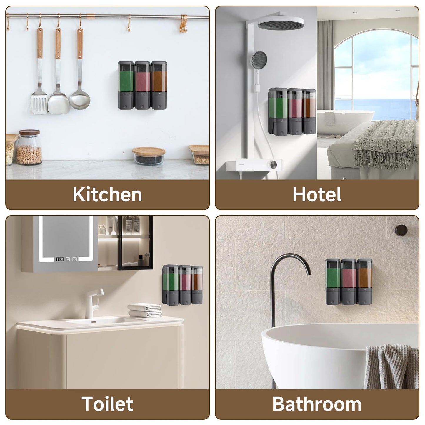Shampoo and Conditioner Dispenser Wall Mounted, Shower Soap Dispenser No Drill Upadate Easy Slot Install, Shampoo Dispenser for Shower Bathroom Large Capacity 500ml * 3 Chamber Holder Gungray