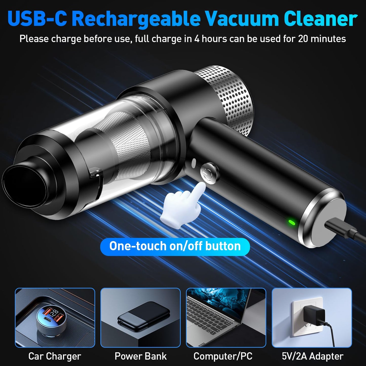 SHLNLI Mini Vacuum Cleaner, 16000PA Car Vacuum Cleaner Portable Cordless with LED Light, 4 in 1 Air Duster and Handheld Small Vacuum Rechargeable for Car, Home, Office, Pet（Black）