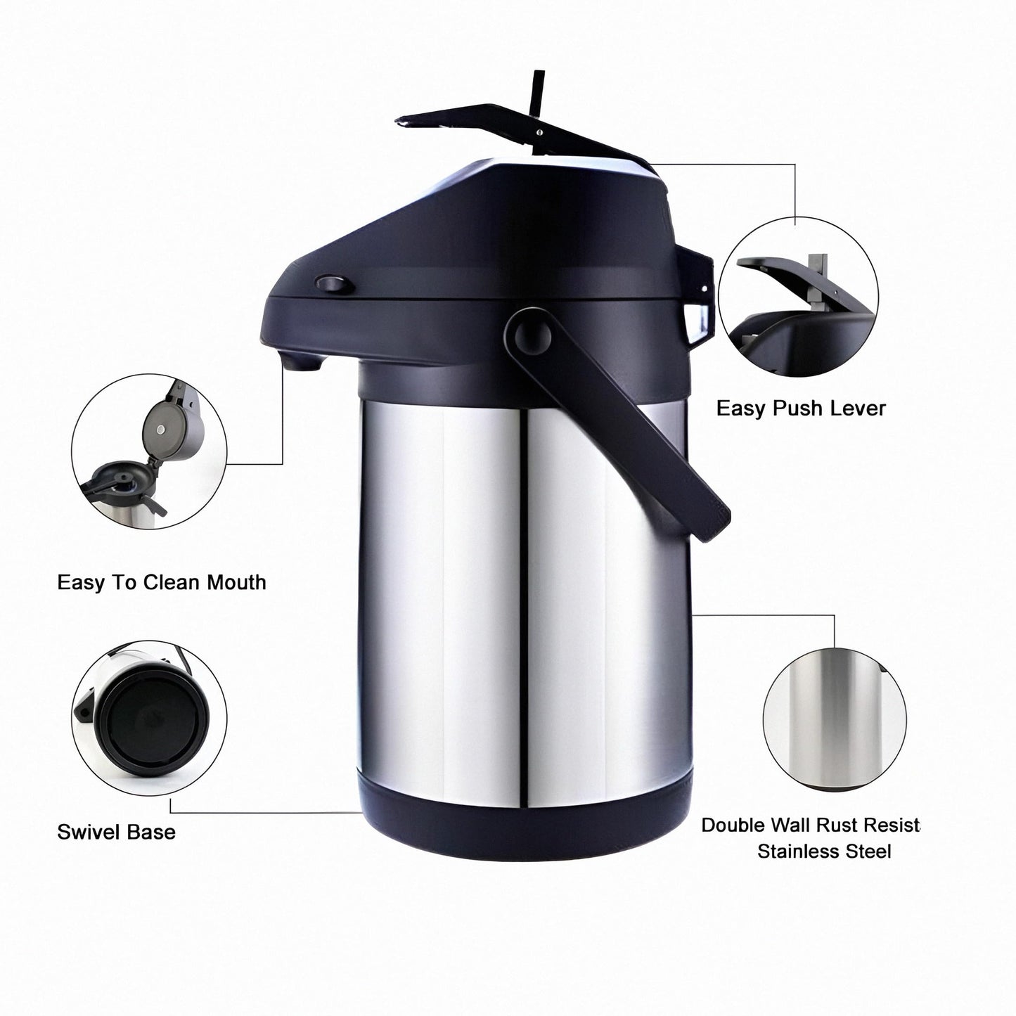 Insulated Thermal Coffee Carafe, 102oz (3L), Stainless Steel, Airpot Coffee Dispenser with Pump for Hot/Cold Drinks