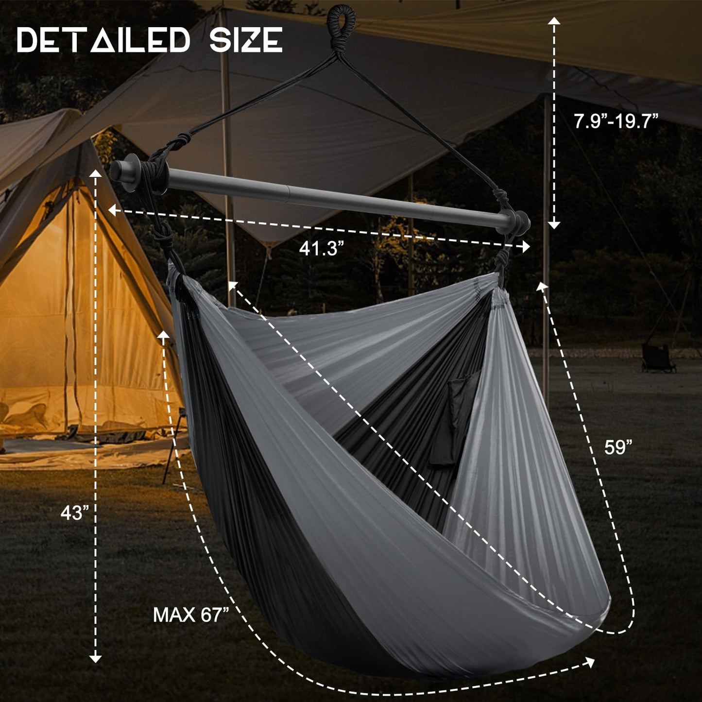 Hammock Chair Swing Chair, Hanging Chair for Outdoor Indoor, Large Lightweight Swing Chair for Adults, Portable Hammock Chair for Camping (Black, Gray)