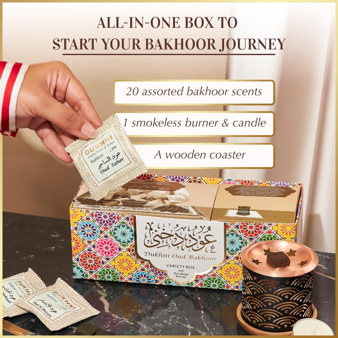 Oud Bakhoor Variety Box & Burner by Dukhni | Arabian Oudh Incense Set with Candle Incense Burner| 20 pcs Arabic bukhoor Incense Bricks, 10 Mixed scents | Islamic, Eid & Ramadan Gifts | Home Fragrance
