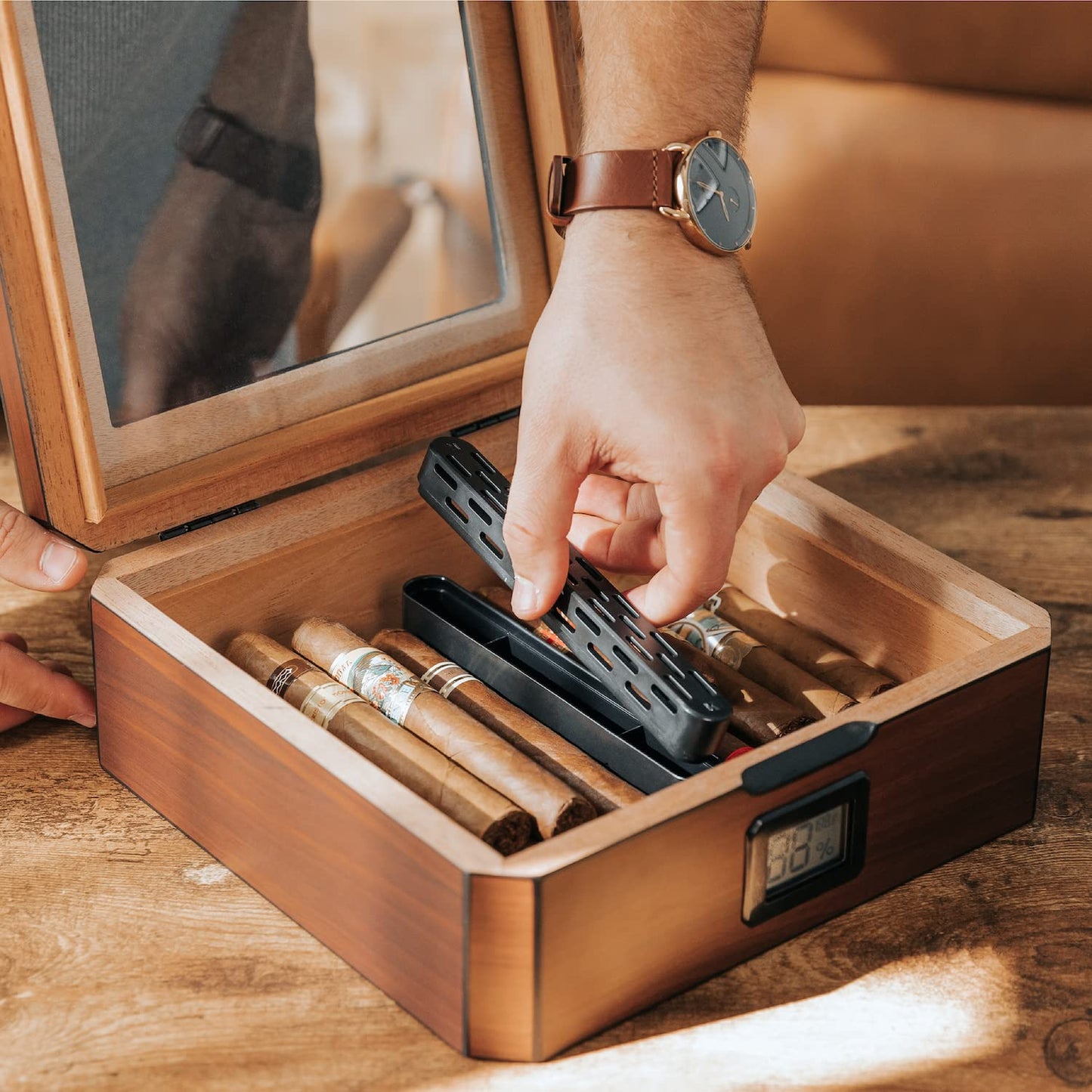 MAG Desktop Humidor, Walnut Finish, Holds 20-30 Cigars, Glass Top with Magnetic Seal, Octagon Shape, Digital Hygrometer, Spanish Cedar, New Hydro Channel, Includes Humidor Solution