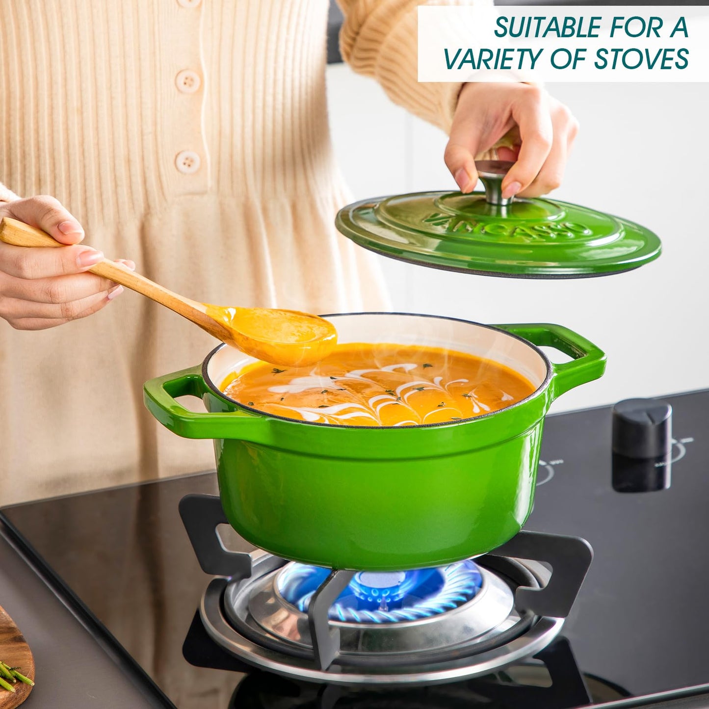 vancasso Green Enamelled Casserole 2 L Cast Iron Casserole Pot Non-Stick Oven Safe Induction Cookers For Stew Soup with Lid 20cm Round