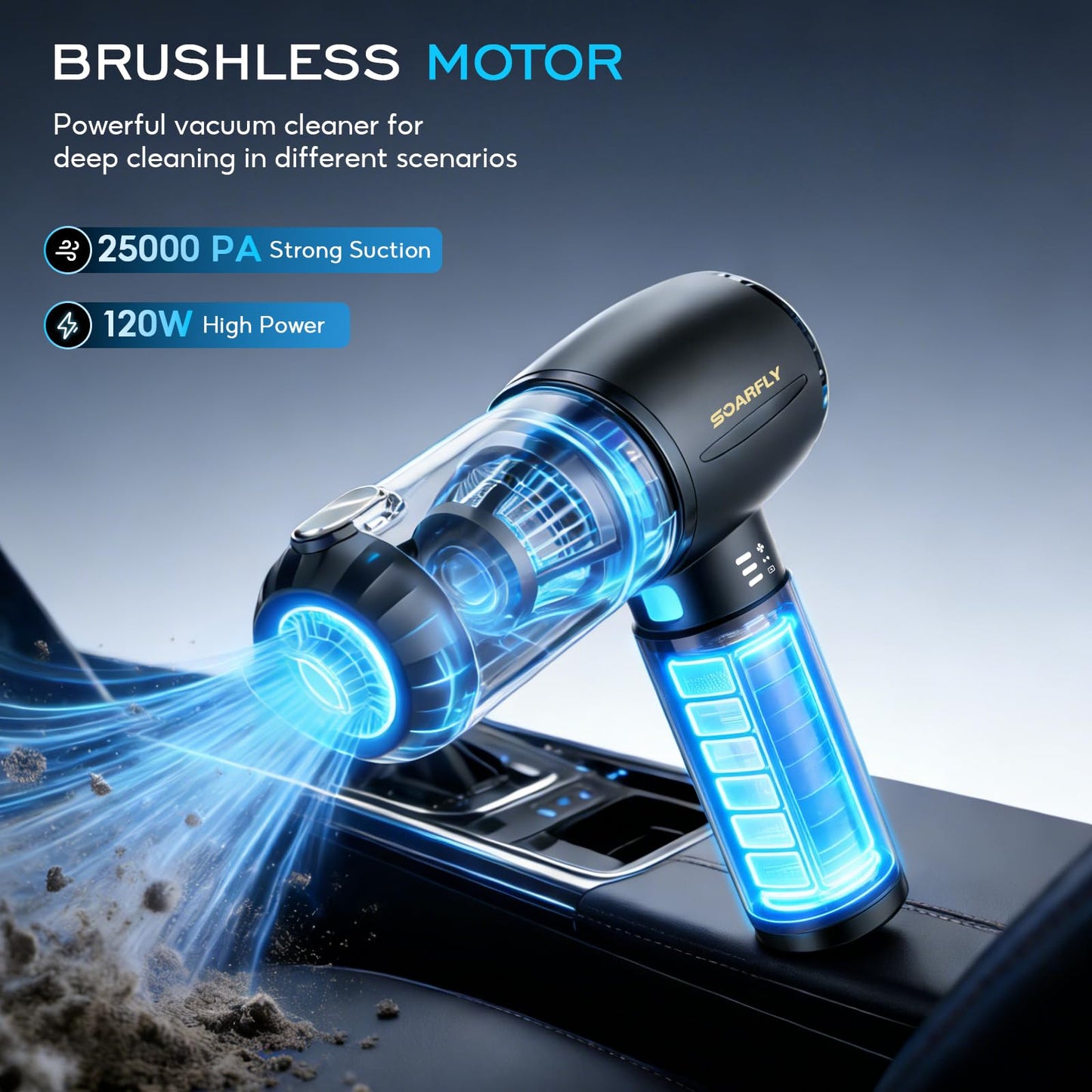 Car Vacuum Cleaner 25000PA Handheld Vacuum with LED, SOARFLY 4 in 1 Air Duster and Cordless Vacuum Cleaner Strong Cyclonic Suction Blowing Brushless Motor, for Pet Hair, Car, Home, Office, Kitchen