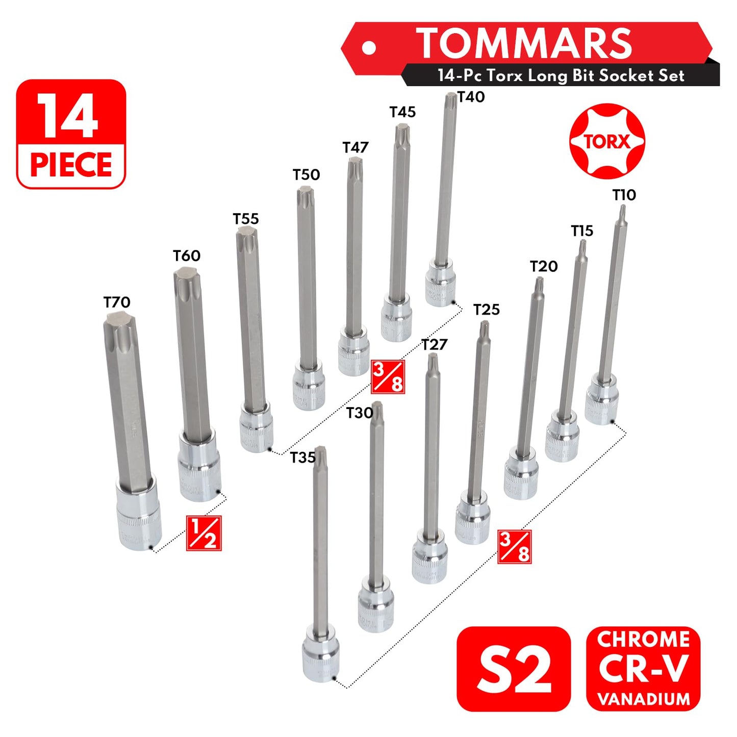 TOMMARS 14-PC Long Torx Bit Socket Set, S2 Alloy Steel Star Socket Set T10-T70