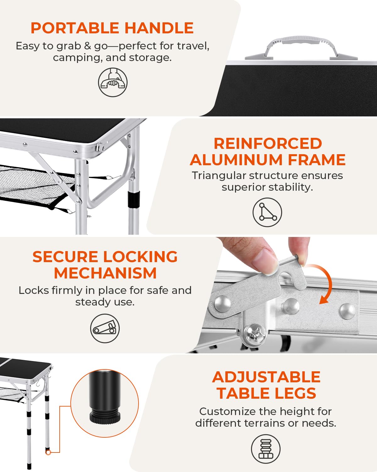 Sportneer Small Folding Table 2ft, 4 Adjustable Height Folding Camping Table with Mesh Layer Lightweight Portable Folding Camping Tables Aluminum Camping Table Outdoor Table for Picnic Beach BBQ