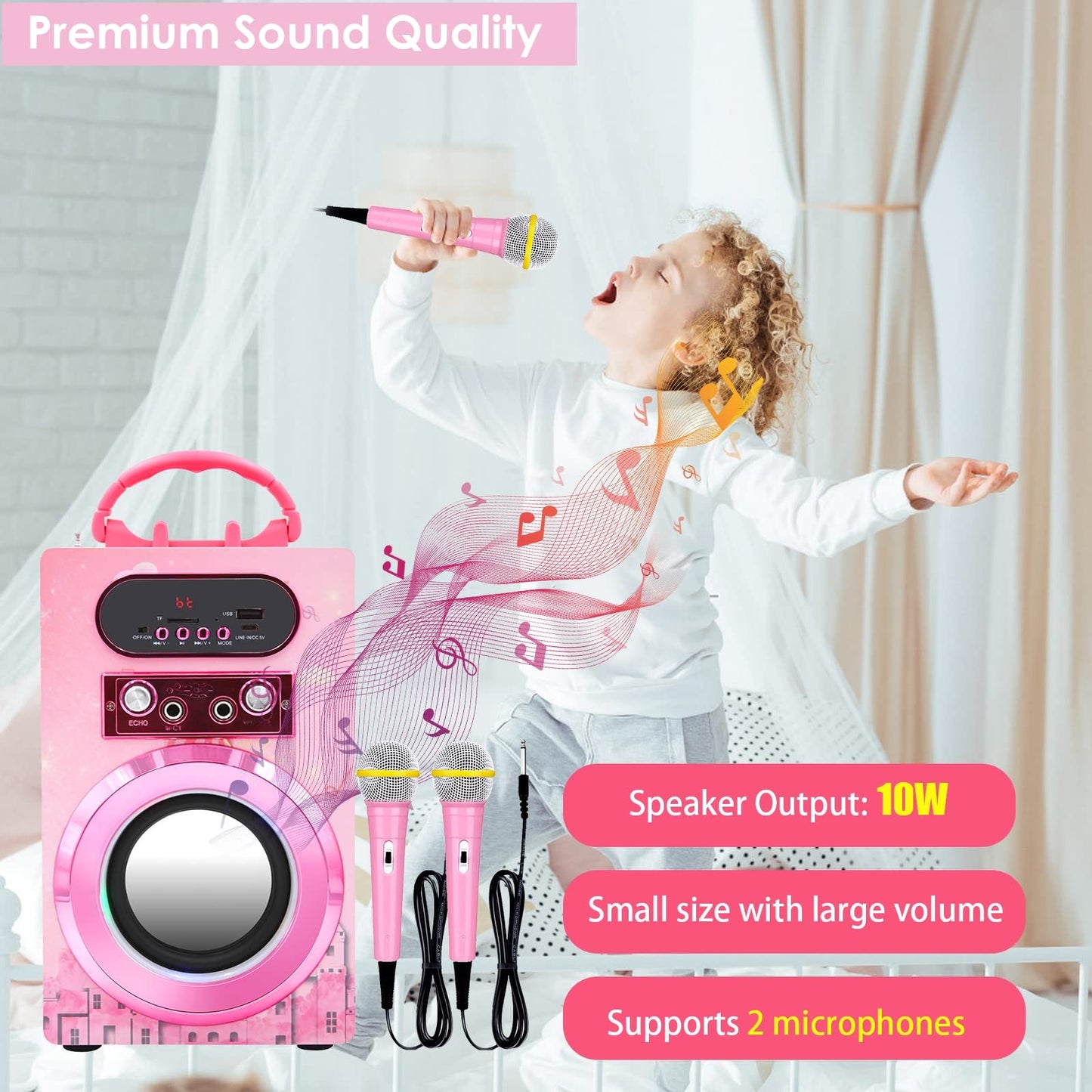 IndeCool Kids Bluetooth Karaoke Speaker with 2 Microphones, Remote Control Speaker Portable Karaoke Machine for Kids Adult Party Gift (Pink)