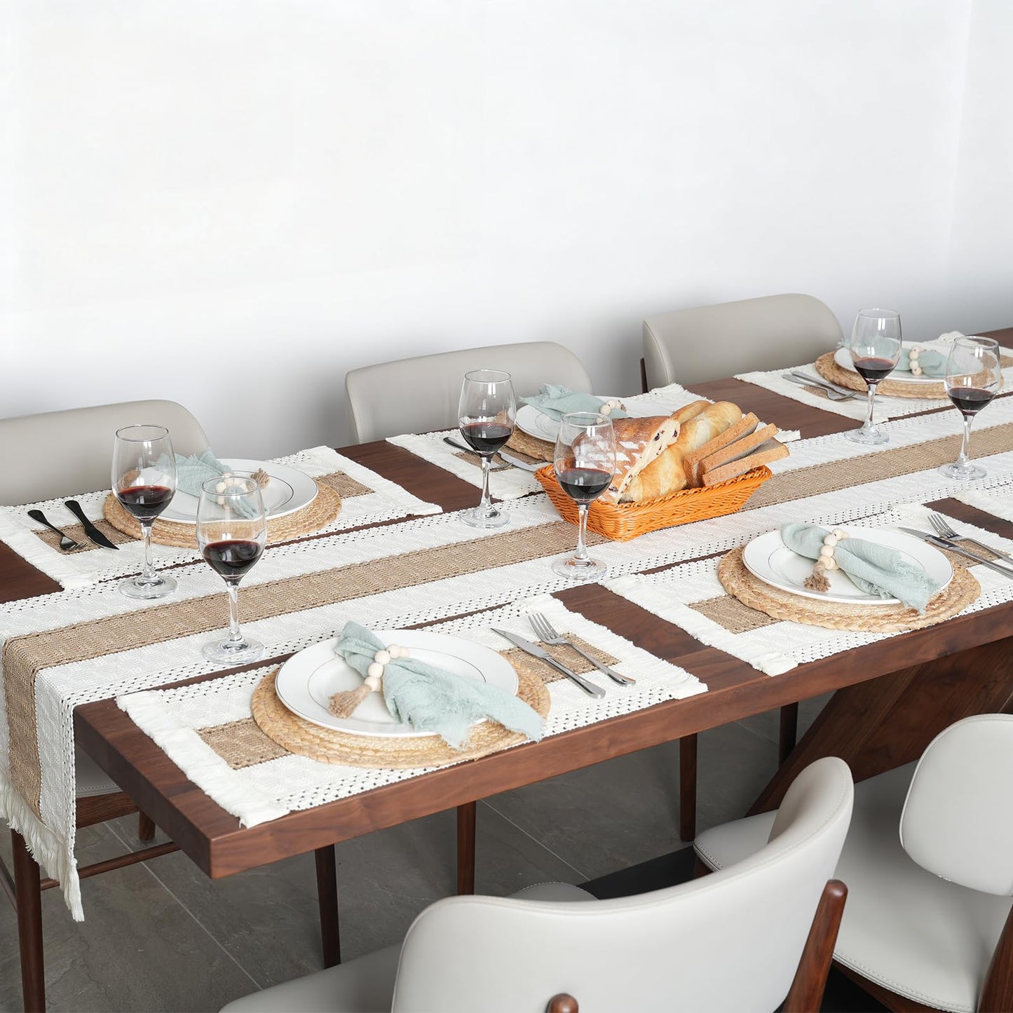 Placemats Set of 6 with Charger Plates Table Mats Table Runner and Napkin Rings,Made of Natural Cotton Burlap and Corn Husk,Non-Slip Heat-Resistant Boho Fall Placemats for Dining Table Décor