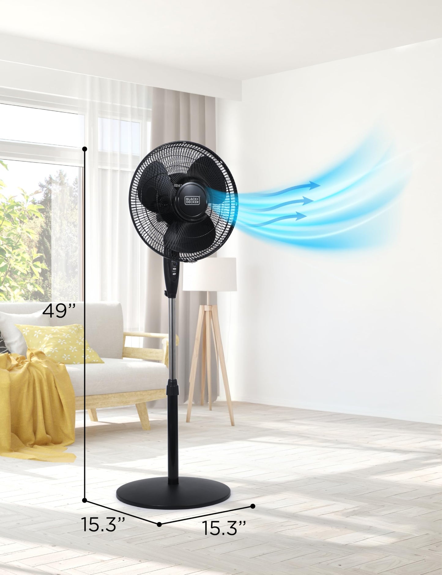 BLACK+DECKER 16-Inch Stand Fan with Pedestal Base, Height Adjustable Pedestal Fan with Remote and Touch Control Panel, Free Standing Fan with 90-Degree Oscillating and 3-Speed Settings, Black