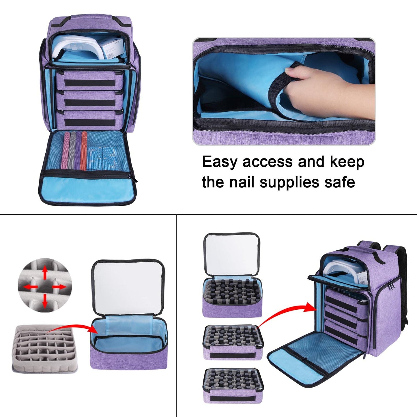 Famard Nail Polish Organizer Backpack Holds 108 Bottles(15ml - 0.5 fl.oz) and a Nail Lamp, with 3 Removable Storage bag for Nail Tech(Purple)
