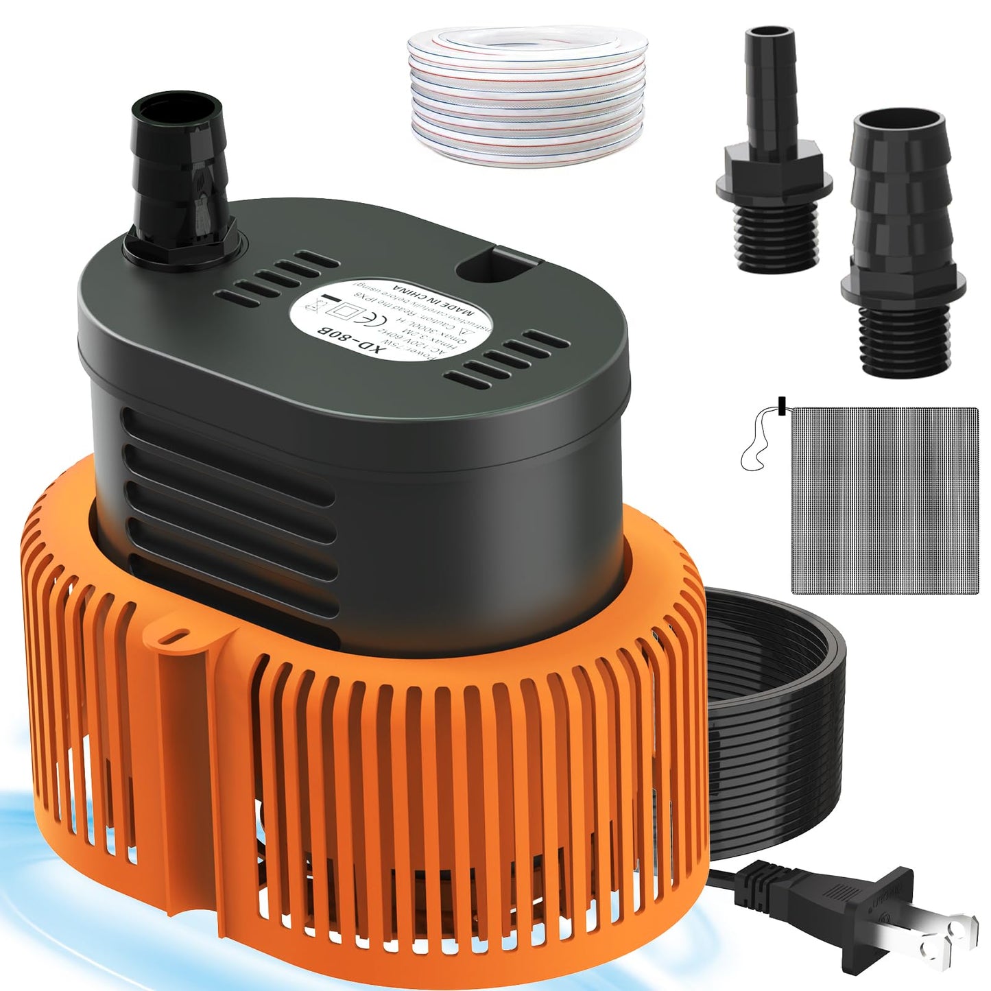 AgiiMan Pool Cover Pump Above Ground - Submersible Swimming Sump Inground Pump, Water Removal with 16' Drainage Hose and 25 Feet Power Cord, 850 GPH, 3 Adapters (Orange)