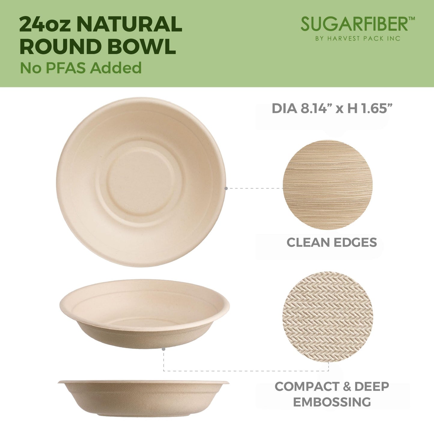 [50 Count] Sugarfiber by Harvest Pack PFAS Free 24oz Round Paper Bowls - Compostable Heavy-Duty Eco-Friendly Disposable Bagasse Bowl Sugarcane Made Plant fibers for Meal Prep