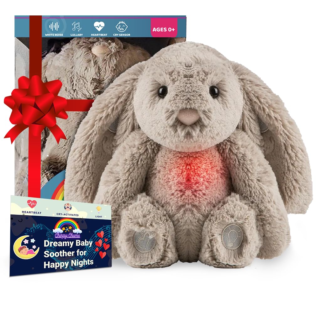 Chirpy Chums Bedtime Bunny Soother – Cry-Activated Plush Sleep Aid with Heartbeat, White Noise, Lullabies & Gentle Red Nightlight – Calming Sound Toy for Newborns & Babies (Non-Rechargeable)