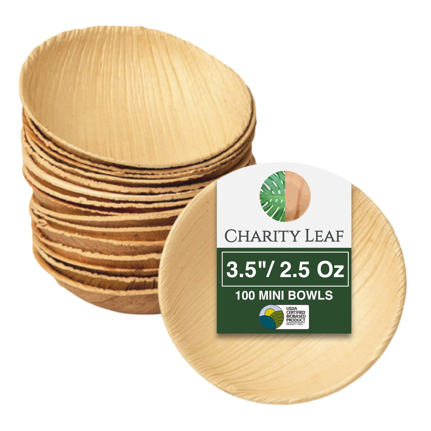 Charity Leaf Disposable Palm Leaf Like Bamboo Round Mini Bowl | All Natural and Biodegradable | Charcuterie Boards, BBQs, and Parties | Pack of 100 Bowls (100, 3.5)