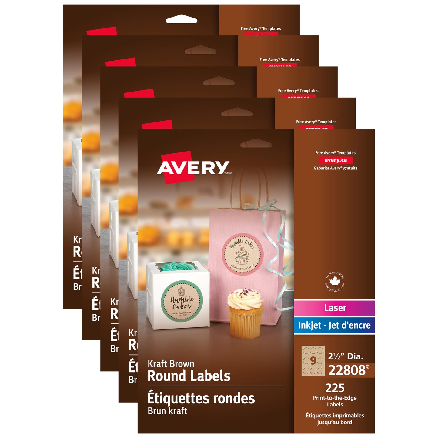 Avery 2.5" inch Kraft Brown Round Labels,Print-to-The-Edge Kraft Labels, for Laser/Inkjet Printers, Case Pack of 1,125 Labels, Round, Kraft Brown, Permanent, (500-22808) Made in Canada